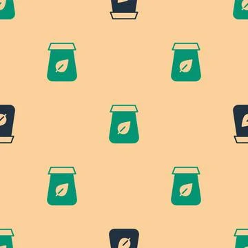 Green and black Tea packaging icon isolated seamless pattern on beige background Stock Illustration