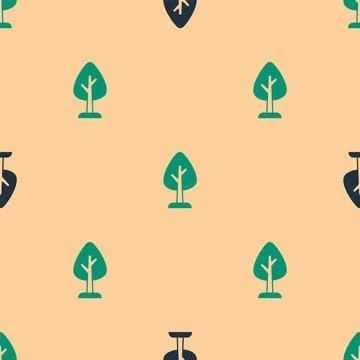 Green and black Tree icon isolated seamless pattern on beige background. Forest Stock Illustration
