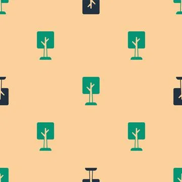 Green and black Tree icon isolated seamless pattern on beige background. Forest Stock Illustration