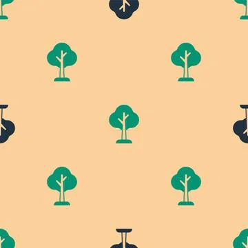 Green and black Tree icon isolated seamless pattern on beige background. Fore Stock Illustration