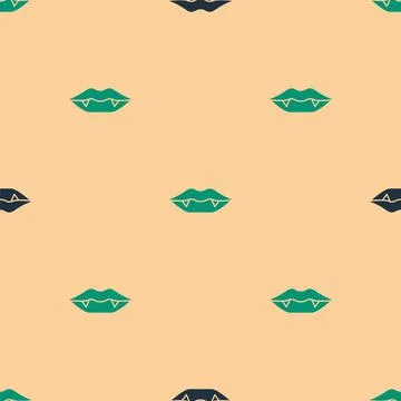 Green and black Vampire teeth icon isolated seamless pattern on beige background 스톡 일러스트