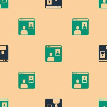 Green and black Video chat conference icon isolated seamless pattern on beige Illustrazione stock