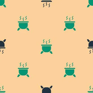 Green and black Witch cauldron icon isolated seamless pattern on beige Stock Illustration