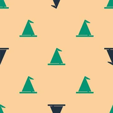 Green and black Witch hat icon isolated seamless pattern on beige background Illustrazione stock