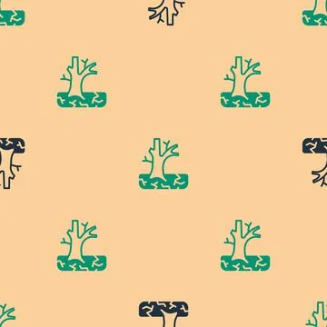 Green and black Withered tree icon isolated seamless pattern on beige background Stock Illustration