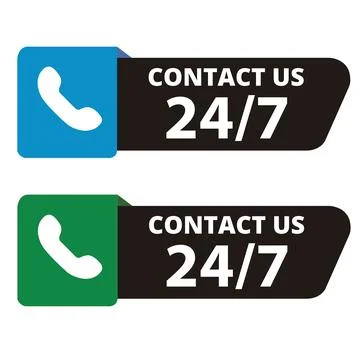 Green and blue 24-7 contact us signs on a white background Stock Illustration