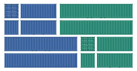 Green and Blue Cargo Container Vector mockup side, front, back, top view Stock Illustration