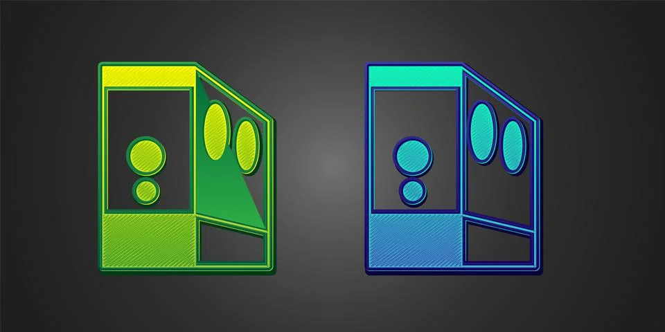 Green and blue Case of computer icon isolated on black background. Computer Illustrazione stock