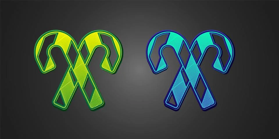 Green and blue Christmas candy cane with stripes icon isolated on black Illustration