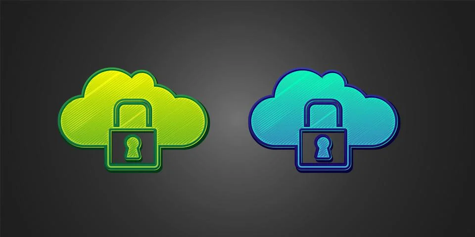 Green and blue Cloud computing lock icon isolated on black background. Security Stock Illustration
