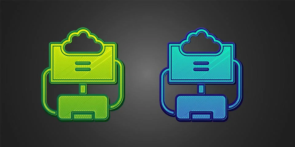 Green and blue Cloud database icon isolated on black background. Cloud computing Illustrazione stock