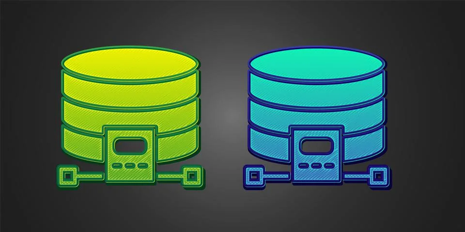 Green and blue Cloud database icon isolated on black background. Cloud computing Illustrazione stock