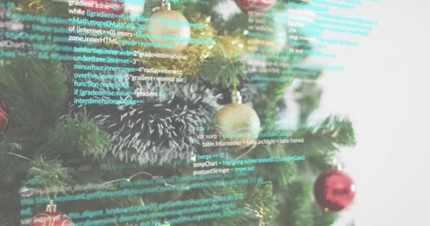 Green and blue code fading in over ornamented Xmas tree and streaming Stock Footage 317834491