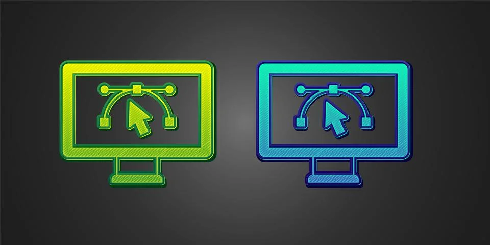 Green and blue Computer display with vector design program icon isolated on.. Stock Illustration