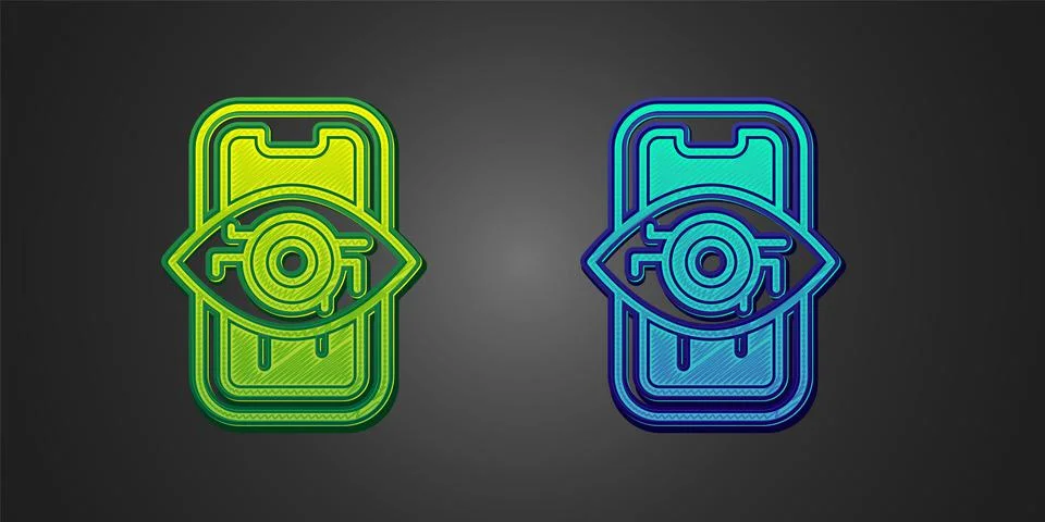 Green and blue Computer vision icon isolated on black background. Technical Stock Illustration