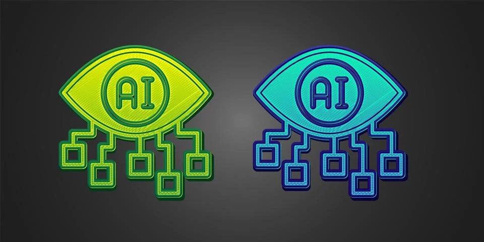 Green and blue Computer vision icon isolated on black background. Technical v Stock Illustration
