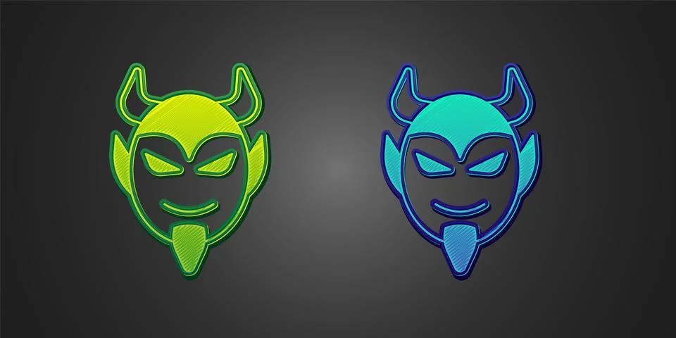 Green and blue Devil head icon isolated on black background. Happy Halloween Stock Illustration