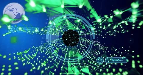 Green and blue digital data processing image with geometric shapes and network Stock Photos
