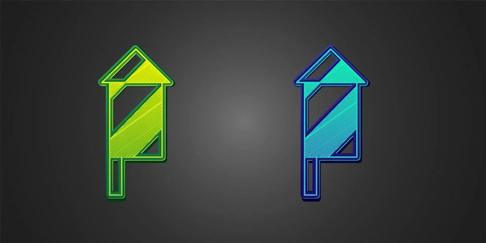 Green and blue Firework rocket icon isolated on black background. Concept of fun Stock Illustration