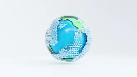 Green and blue globe is surrounded by network of pastel blue square.  Video stock 196078946