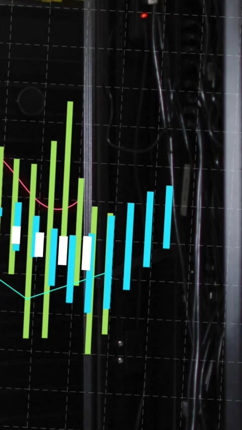 Green and blue graph processing data over dark computer server room Stock Footage 342600940