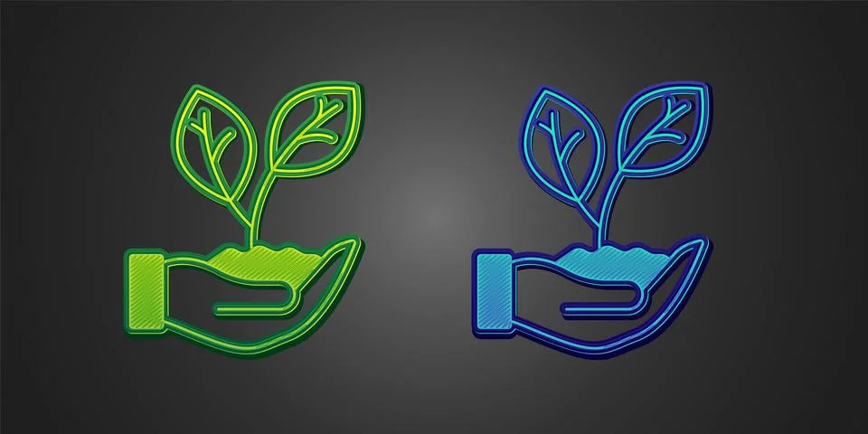 Green and blue Hand hold a leaf of the plant icon isolated on black backgro.. Stock Illustration
