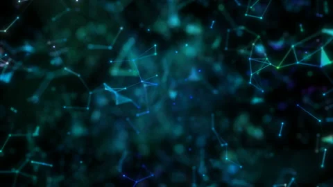 Green and blue luminous rays and geometric shapes float against a dark Stock Footage 123806173
