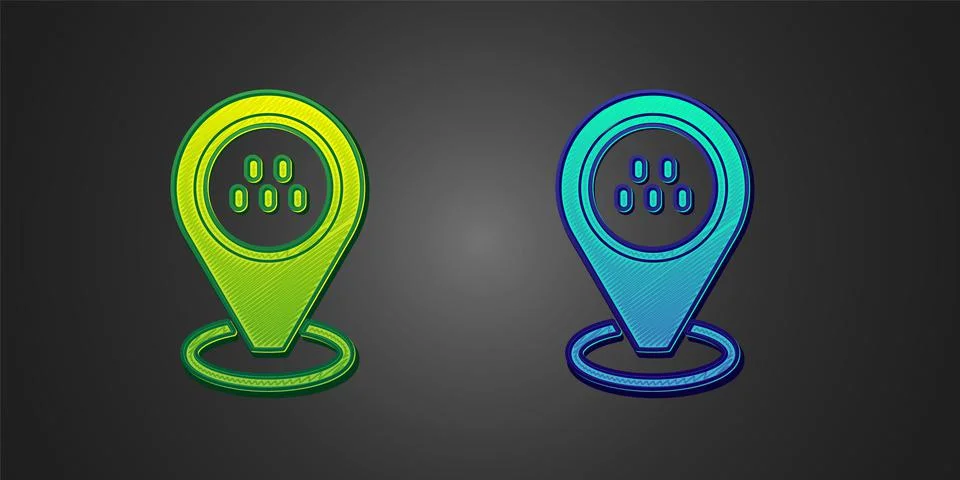 Green and blue Map pointer with taxi car icon isolated on black background Stock Illustration