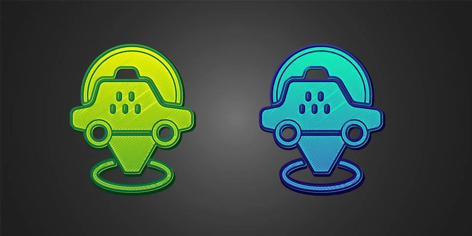 Green and blue Map pointer with taxi car icon isolated on black background Stock Illustration