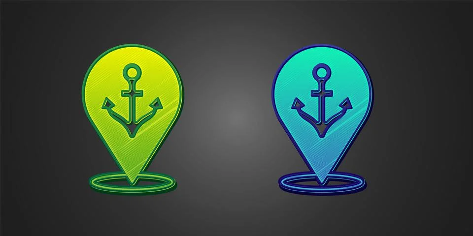 Green and blue Map pointer with anchor icon isolated on black background. Vector Stock Illustration
