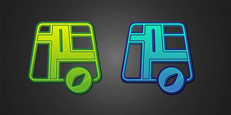 Green and blue Map pointer with taxi car icon isolated on black background Stock Illustration