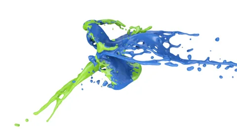 Green and blue paint splashes collide in slow motion (FULL HD) Stock Footage 36526448