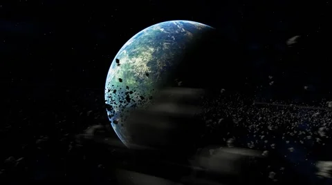 Green and blue planet surrounded by asteroid ring 02 Stock Footage 45997940