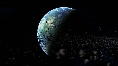 Green and blue planet surrounded by asteroid ring 02 (29.97 FPS) Stock Footage 46110719