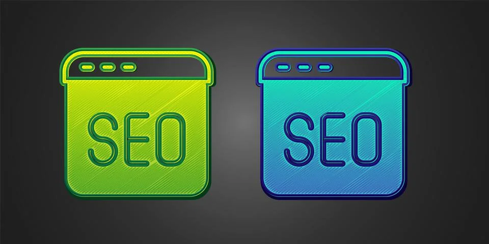 Green and blue SEO optimization icon isolated on black background. Vector Illustrazione stock