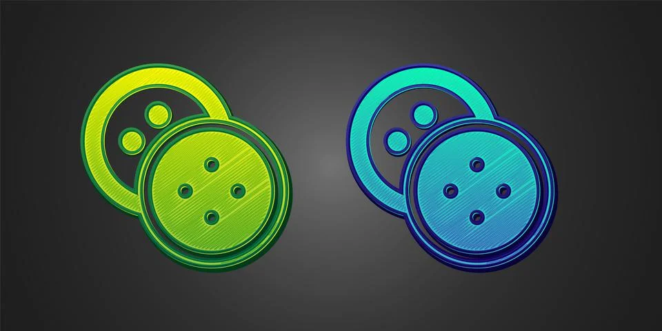 Green and blue Sewing button for clothes icon isolated on black background Illustrazione stock