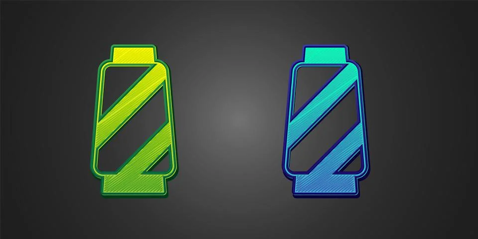 Green and blue Sewing thread on spool icon isolated on black background. Yarn Stock Illustration