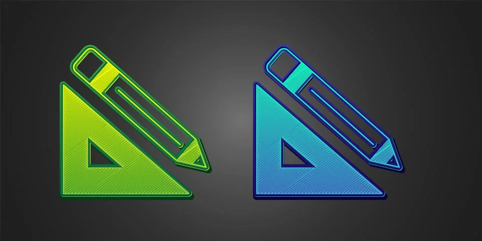 Green and blue Triangular ruler and pencil icon isolated on black background. Illustrazione stock