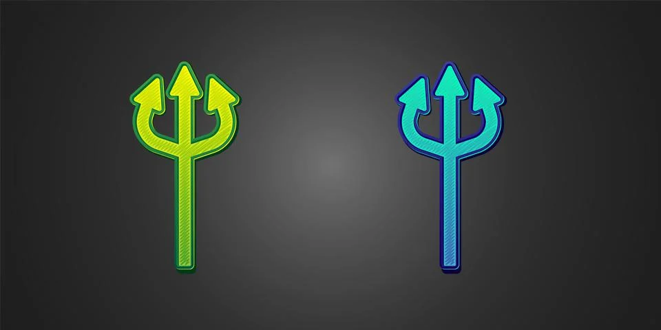 Green and blue Trident devil icon isolated on black background. Happy Halloween Illustrazione stock