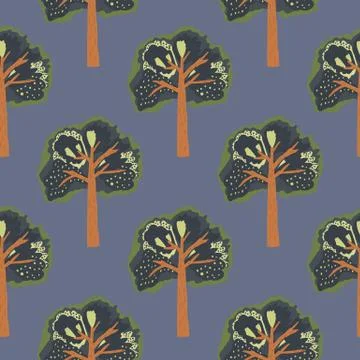 Green and brown tones tree ornament seamless pattern. Simple forest ornament  Stock Illustration