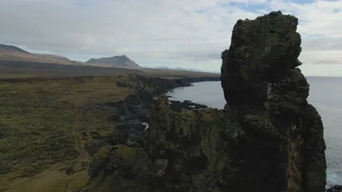 Green and high cliffs by the sea in a volcanic area in Iceland. Stock Footage 225863005