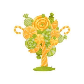 Green and orange candy on a magic tree. Vector illustration on white background. Stock Illustration