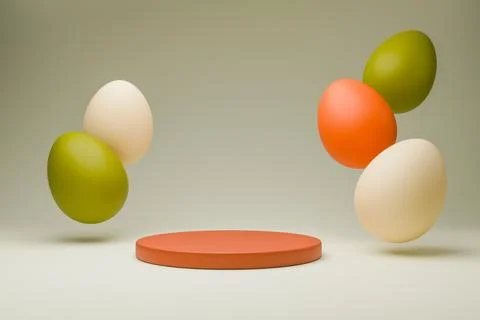 Green and orange flying Easter eggs around orange podium. Illustrazione stock