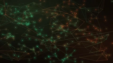 Green and orange nodes pulse within an intricate field of fine lines, shift.. 스톡 동영상 347289914