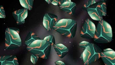 Green and Orange Patterned Stones Falling Over Glittering Space Background Stock Footage 342320234