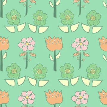 Green And Orange Vector Repeat Pattern With Hand Drawn Simple Cartoon Style F Stockillustratie