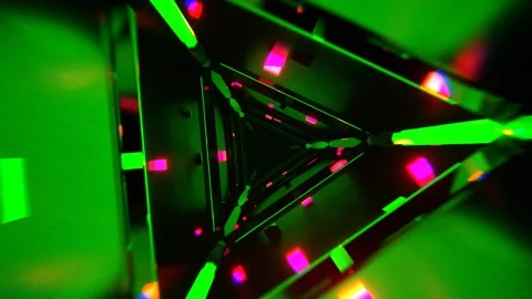 Green and Pink Abstract Triangular Corridor with Shimmering Cubes Background Stock Footage 300249754