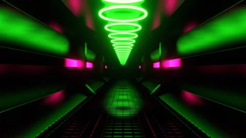 Green and Pink Endless Sci-Fi Corridor with Neon Lighting Background VJ Loop Stock Footage 299807016