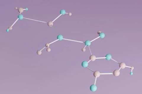 Green and pink molecule model over purple background. 3d render Stock Illustration