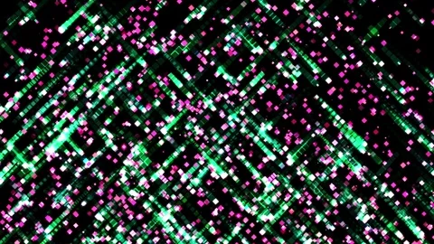 Green and pink square particles fly diagonally to the right and left on a dark Stock Footage 280003901